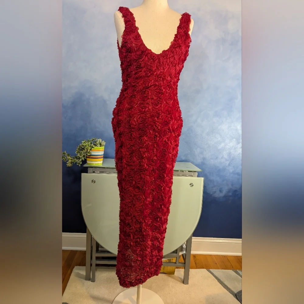 Elegant Red Rose Textured Women's Dress - Picture 1 of 6